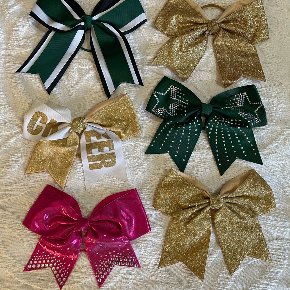 Set of Cheer Bows in Gold, Green, and Pink